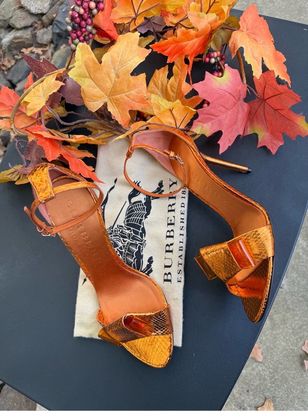 Burberry Metallic Orange Strappy Stiletto Sandals